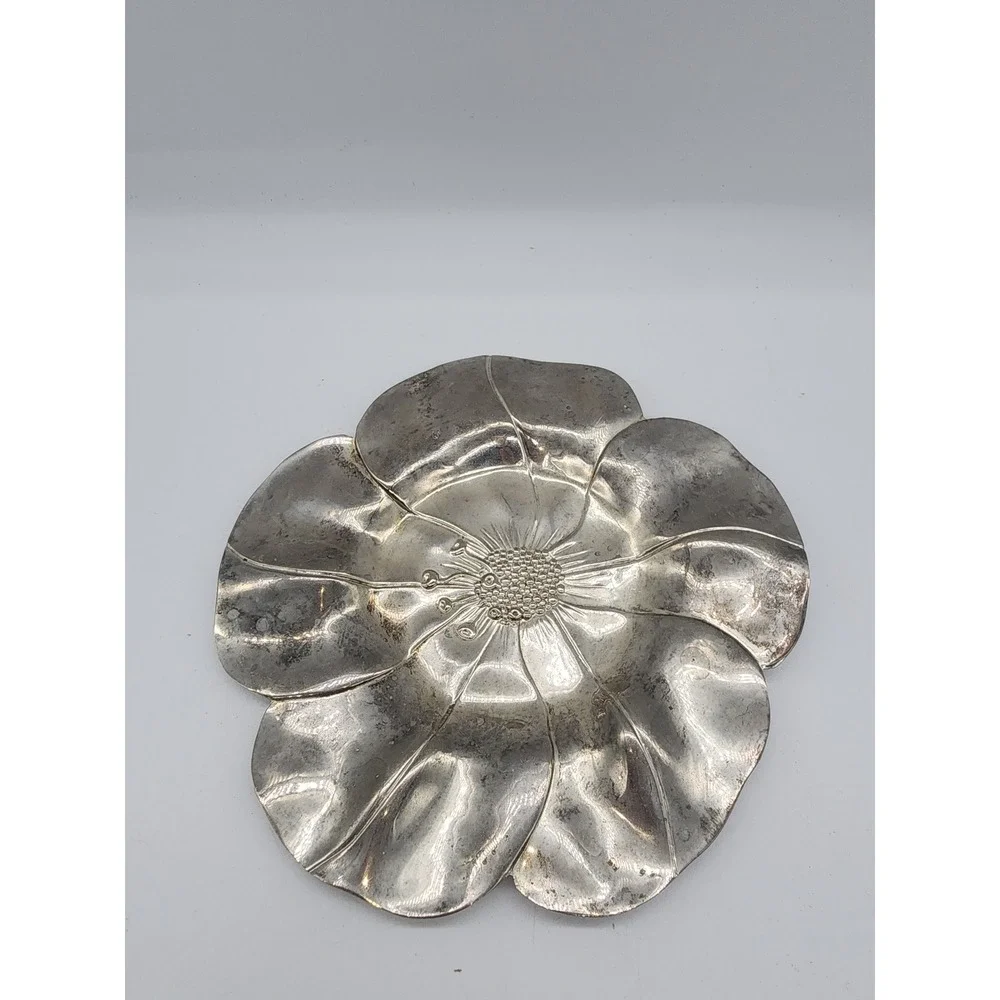 Vintage Silver Tone Poppy Flower Trinket Dish Decorative Metal Floral Tray 7.25